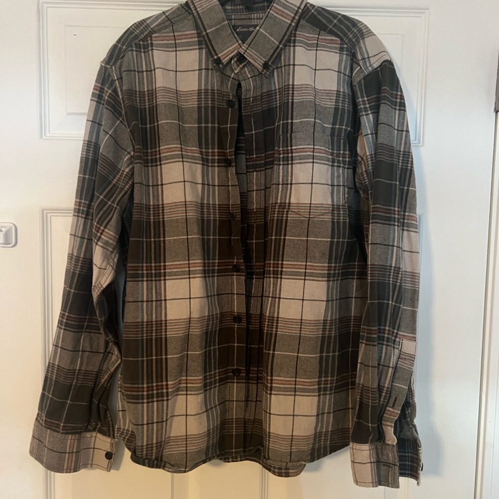 Eddie Bauer Olive and Cream Plaid Button-Down Shirt